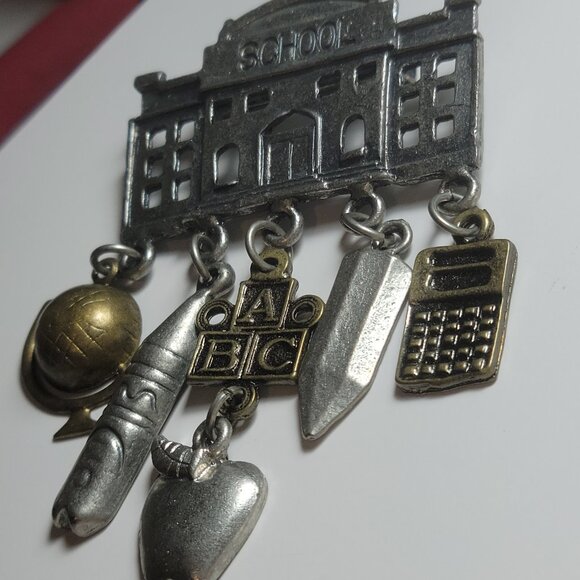 Vintage Brooch Silver Tone School House Pin with Charms - Picture 3 of 5